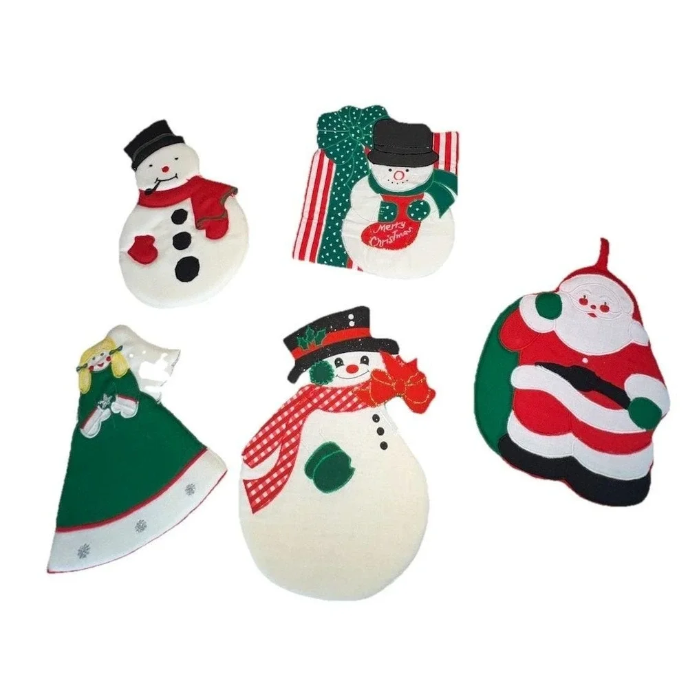 Vtg 80s Christmas Potholders Set 5 Santa Snowman Angel W-C Imports Ramie‎ Linen